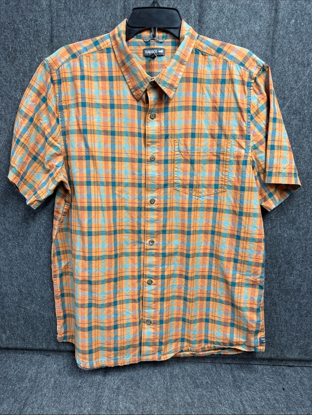 Toad&Co Orange and Teal Plaid Short-Sleeve Button-Up Shirt